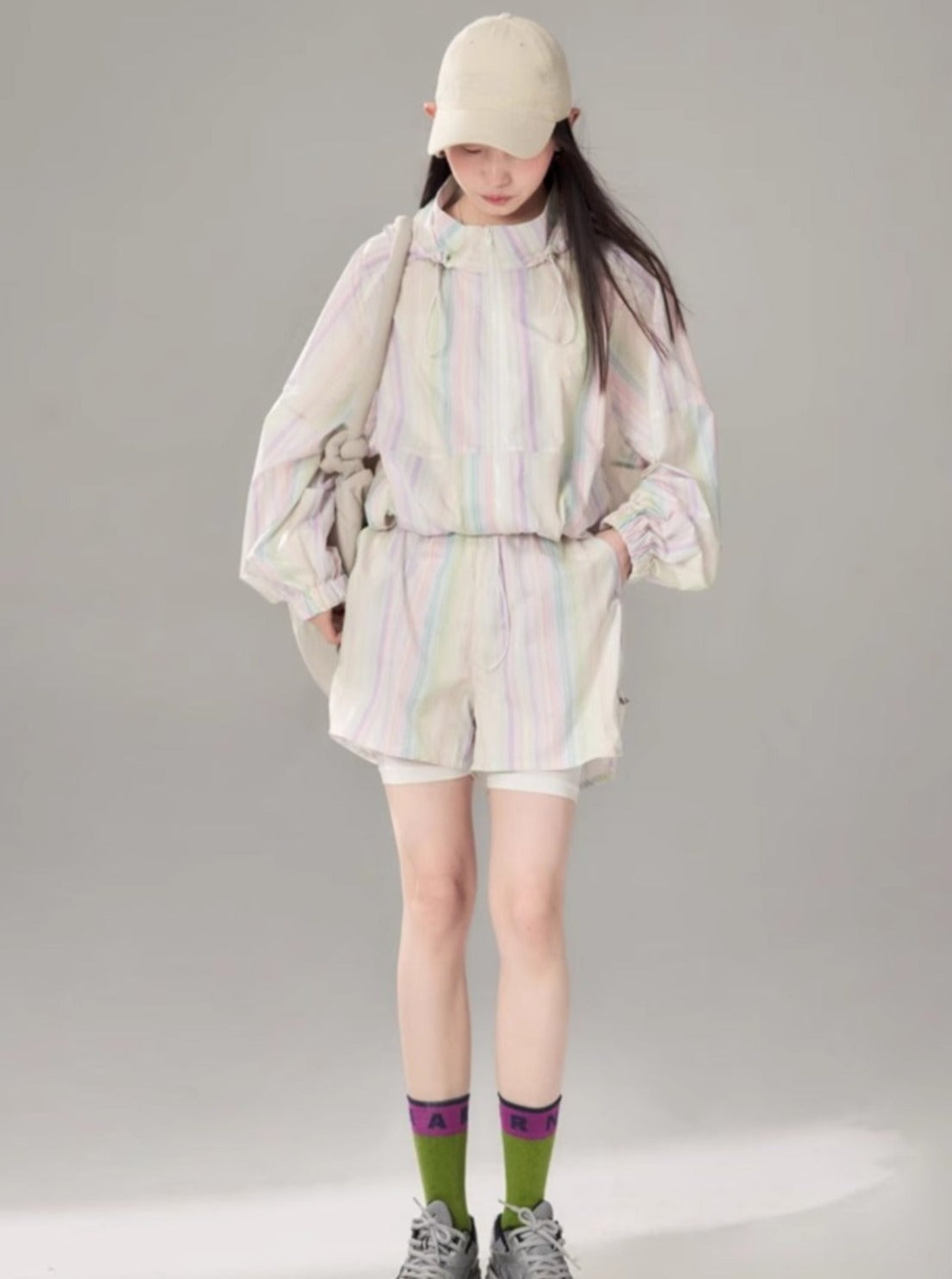 Rainbow Striped Sports Trench Top Short Set