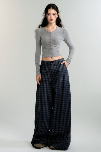 Antique Navy Plaid Wide-Leg Pants