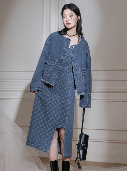 Edged Jacquard Denim Jacket Sundress Set