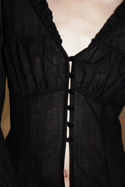 Sheer Pleated V-neck Shirt