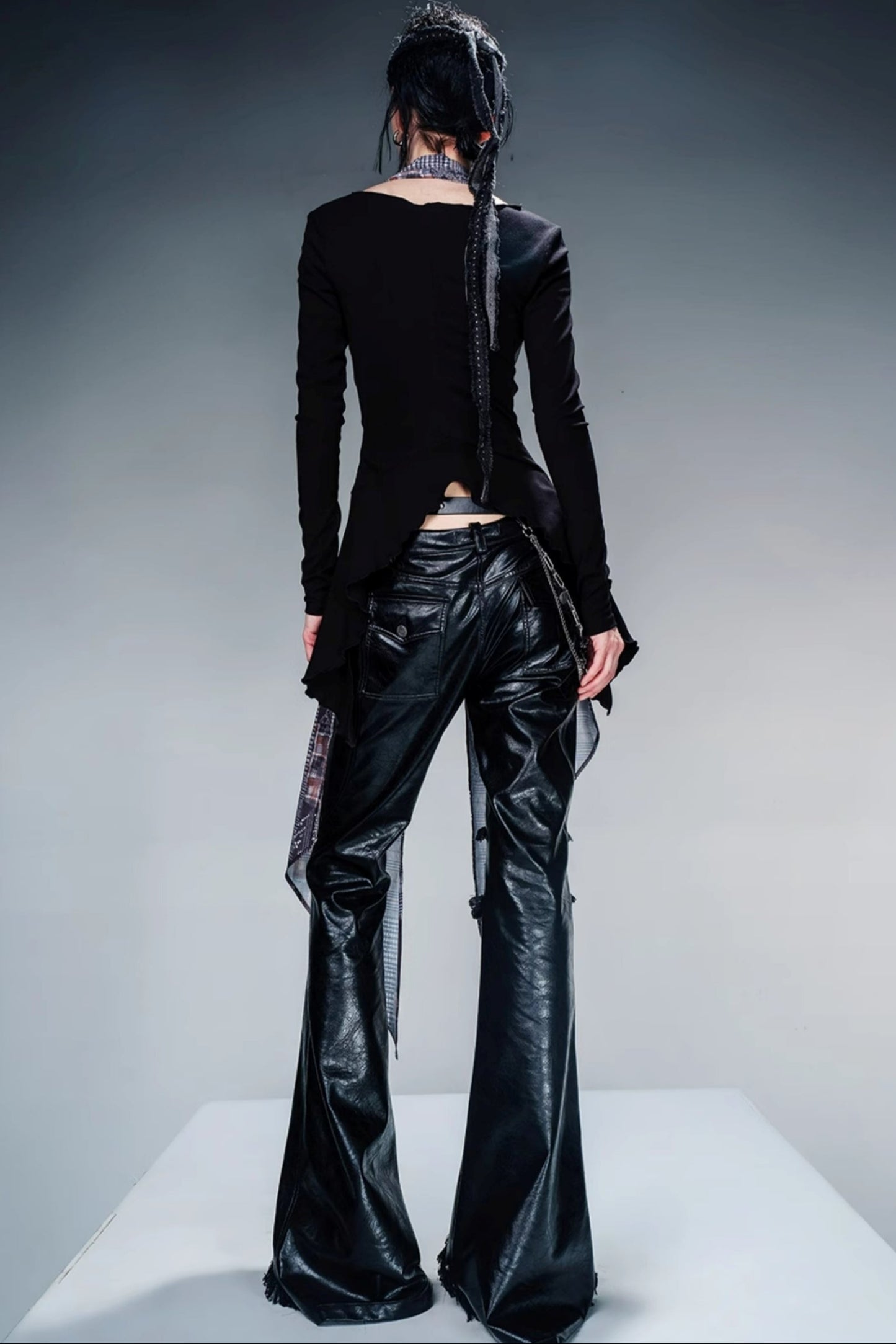 Leather Long-Sleeved Top with Scarf Set