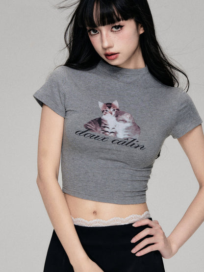 Fun Cat Print Cropped T-Shirt