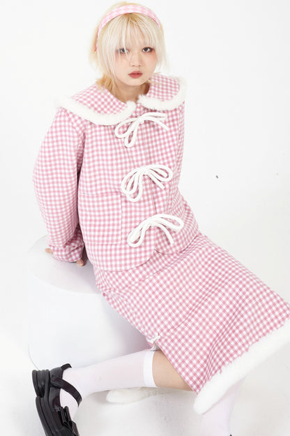 Round Neck Pink Plaid Wool Coat