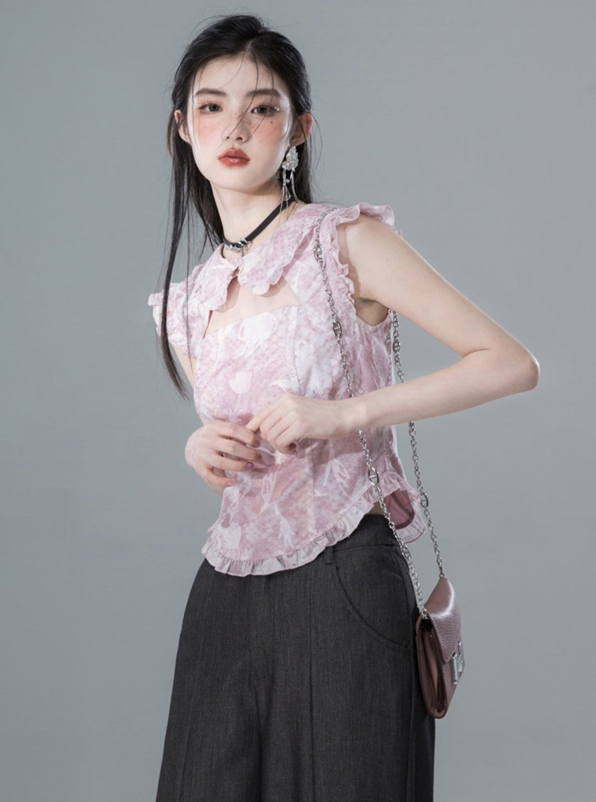 Collar Printed Chiffon Shirt