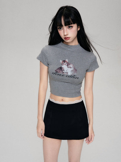 Fun Cat Print Cropped T-Shirt