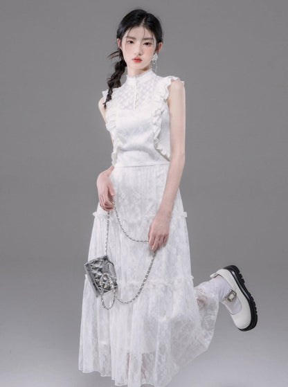 White Lace Stand-up Collar Dress