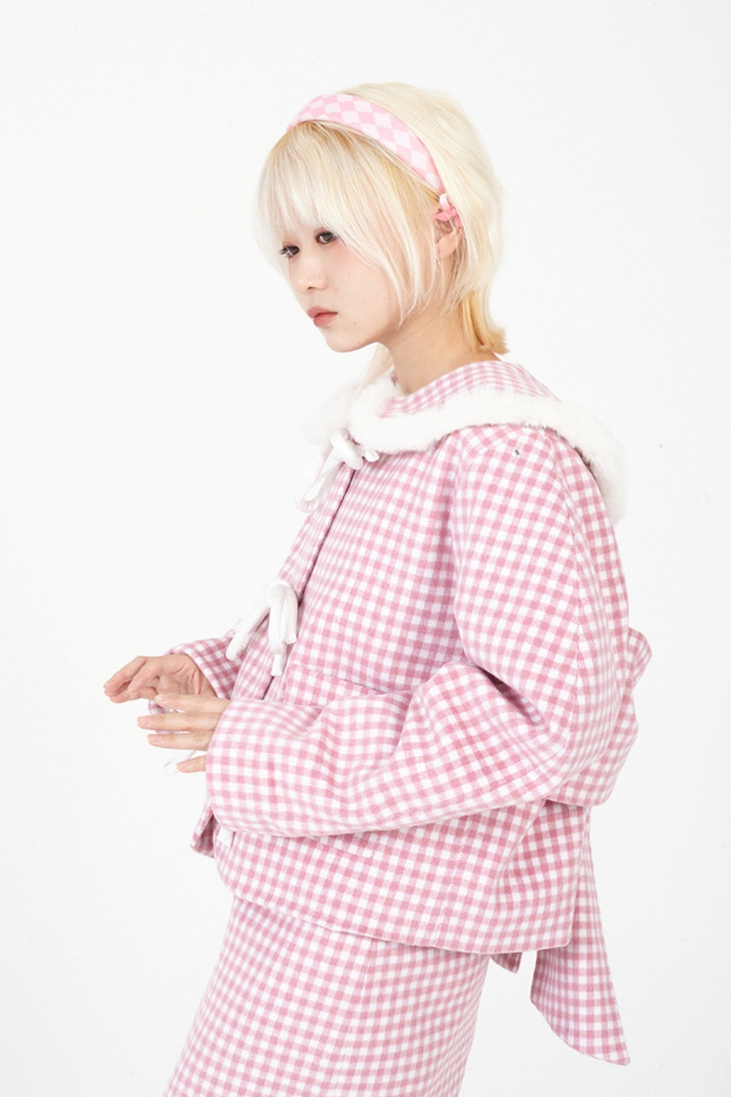 Round Neck Pink Plaid Wool Coat