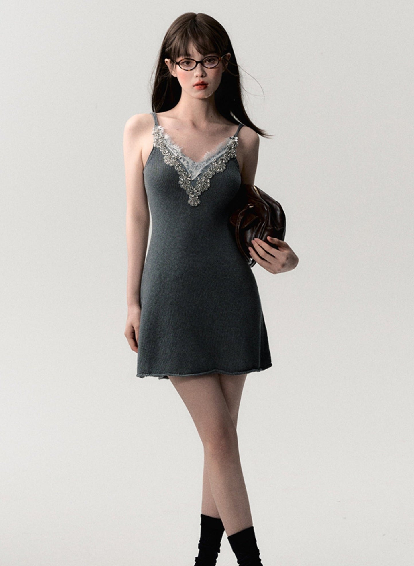 Grey V-Neck Knitted Slip Dress