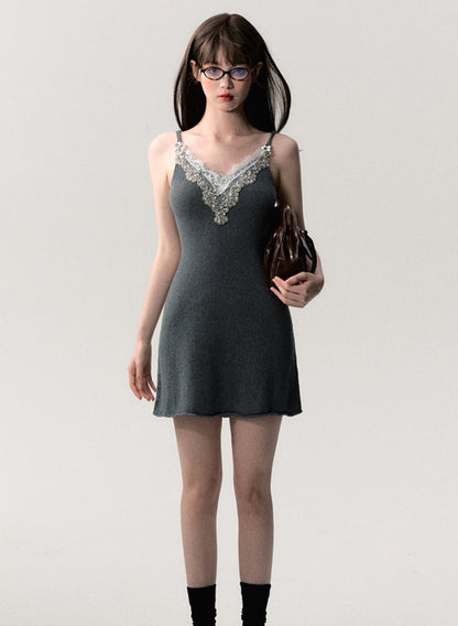 Grey V-Neck Knitted Slip Dress