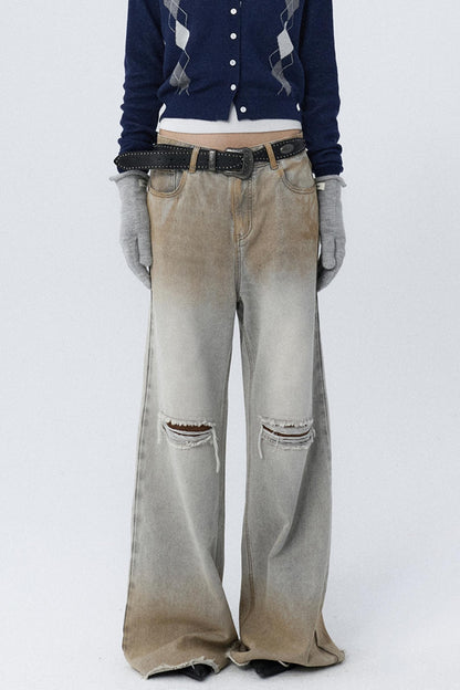 Distressed Gradient Raw Flared Jeans