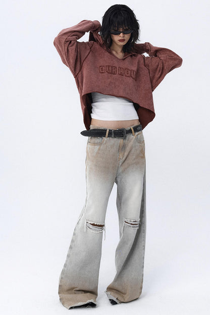 Distressed Gradient Raw Flared Jeans