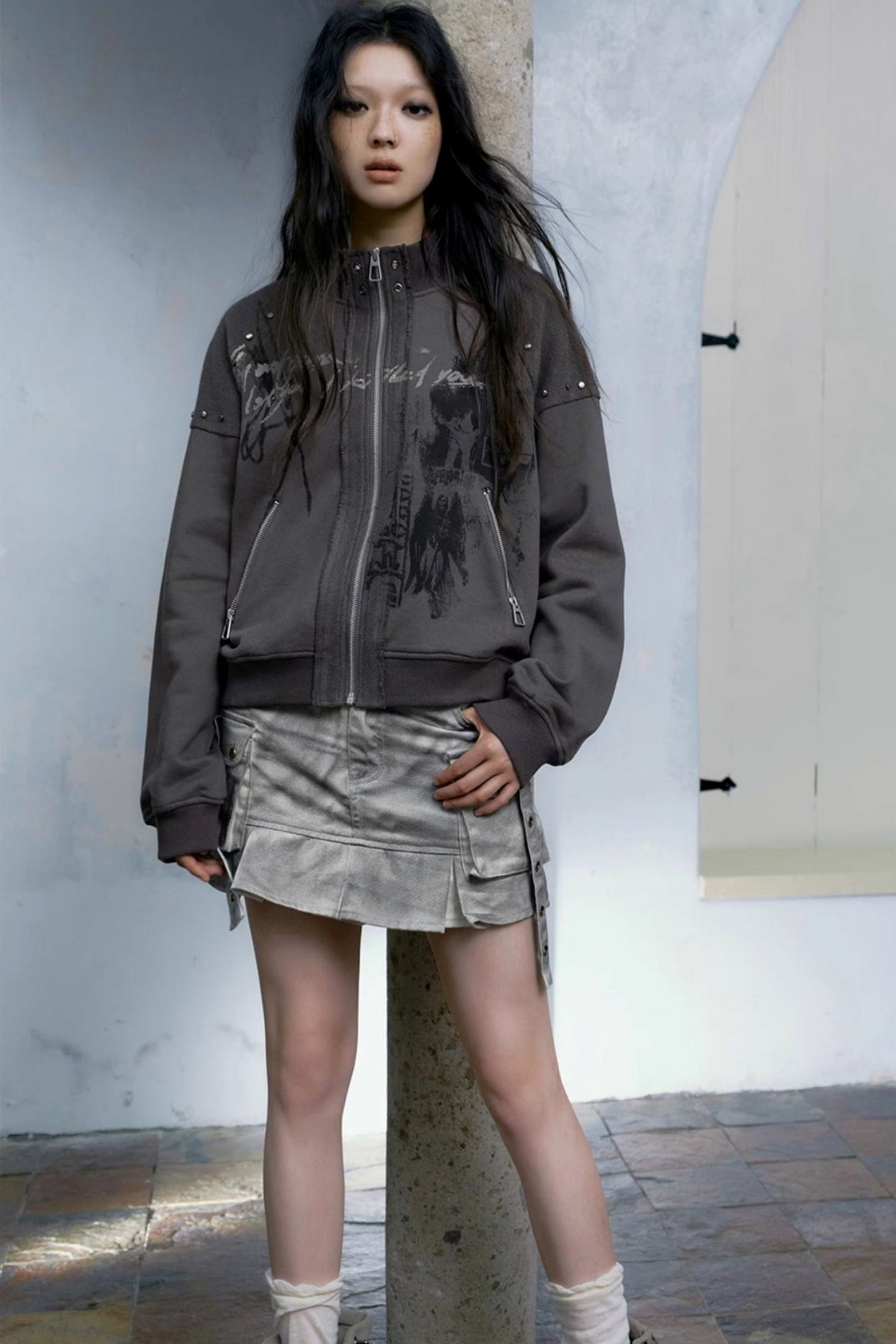 Distressed Pleated Workwear Skirt