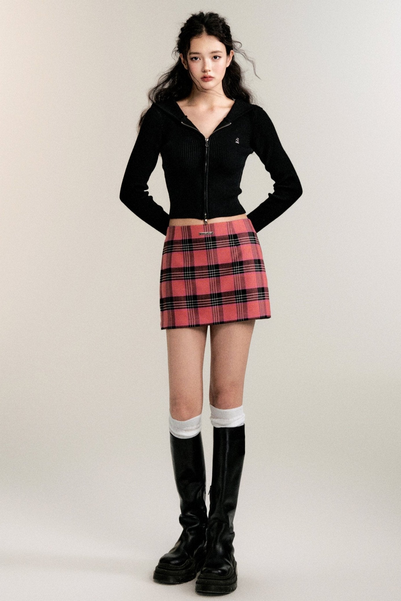 Intellectuals Pink Check Low-Rise Skirt