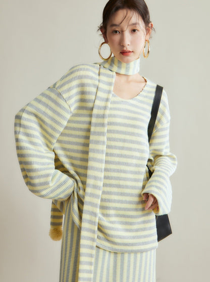 Contrast stripe scarf pullover knit top skirt set