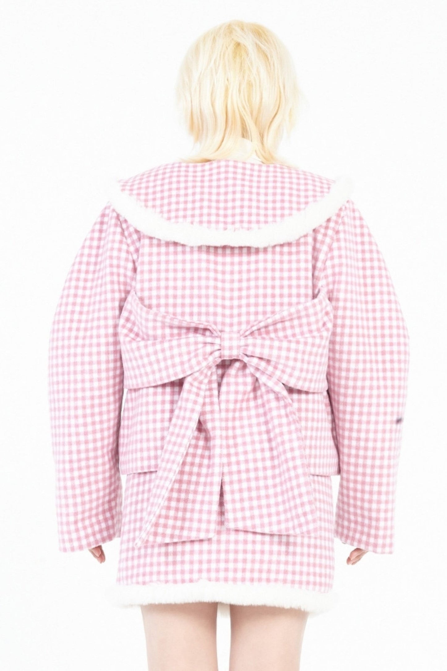 Round Neck Pink Plaid Wool Coat