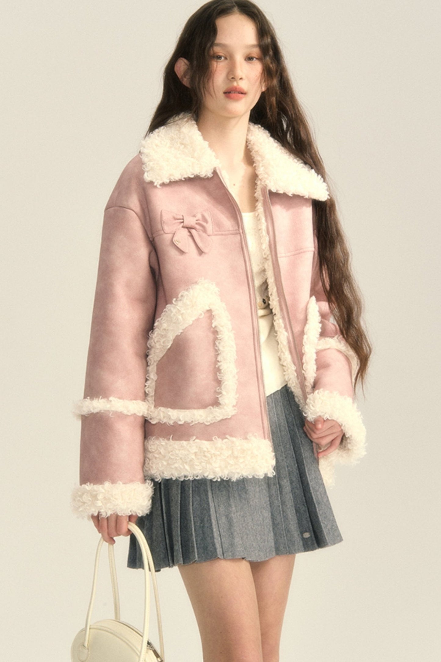 Contrasting Bow Fur Coat