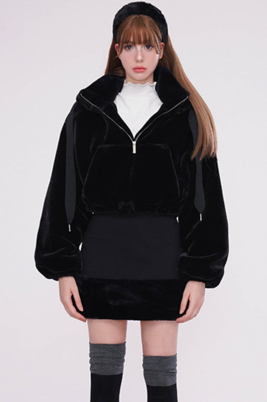 Short Hooded Rabbit Fur Jacket Set-Up