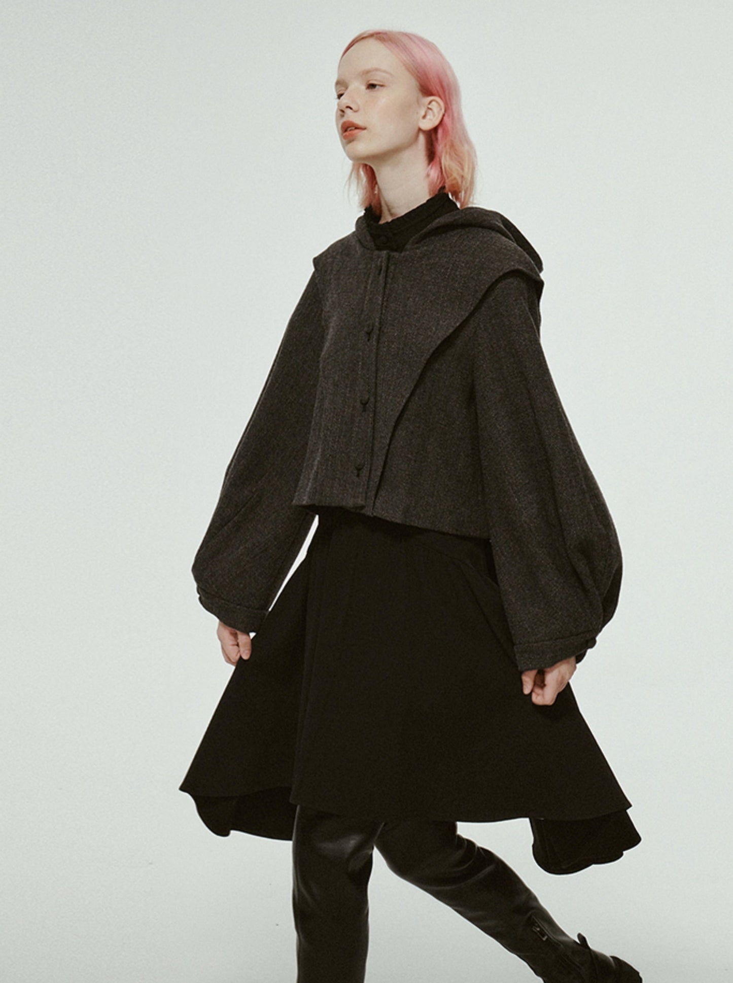 Hooded Cropped Pleated Balloon Sleeve Jacket