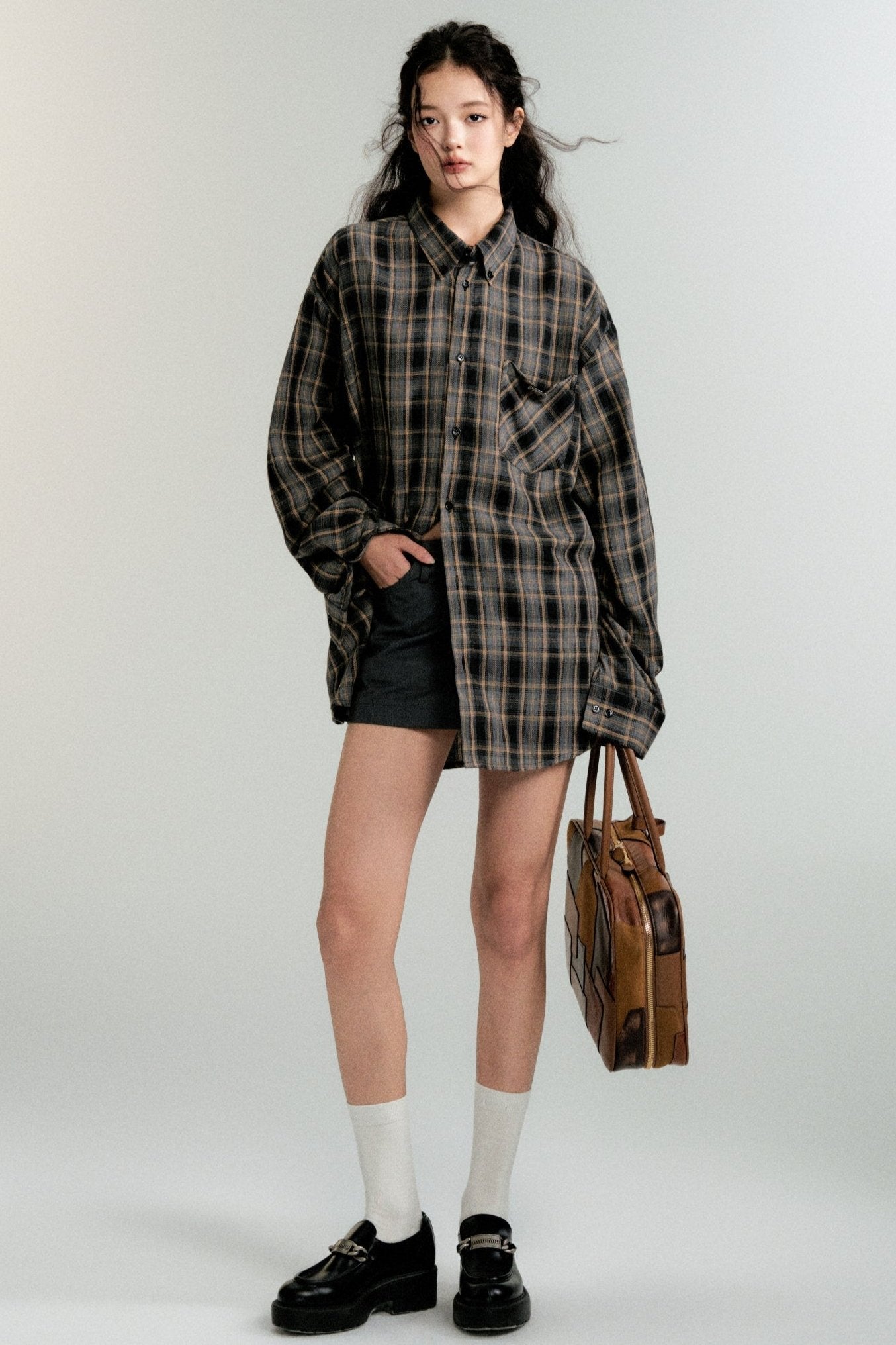 Color-Block Loose Check Long-Sleeved Shirt