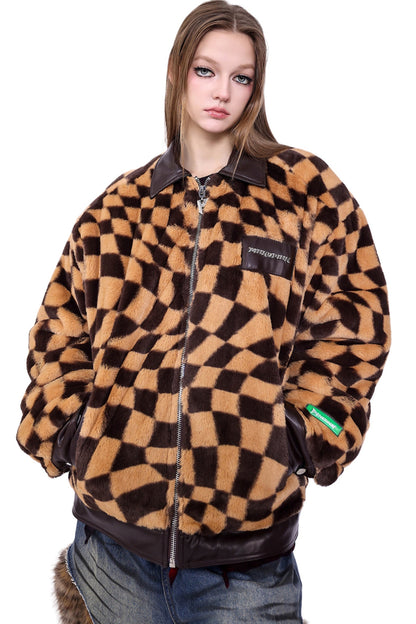 Checkered Panel Fur Coat