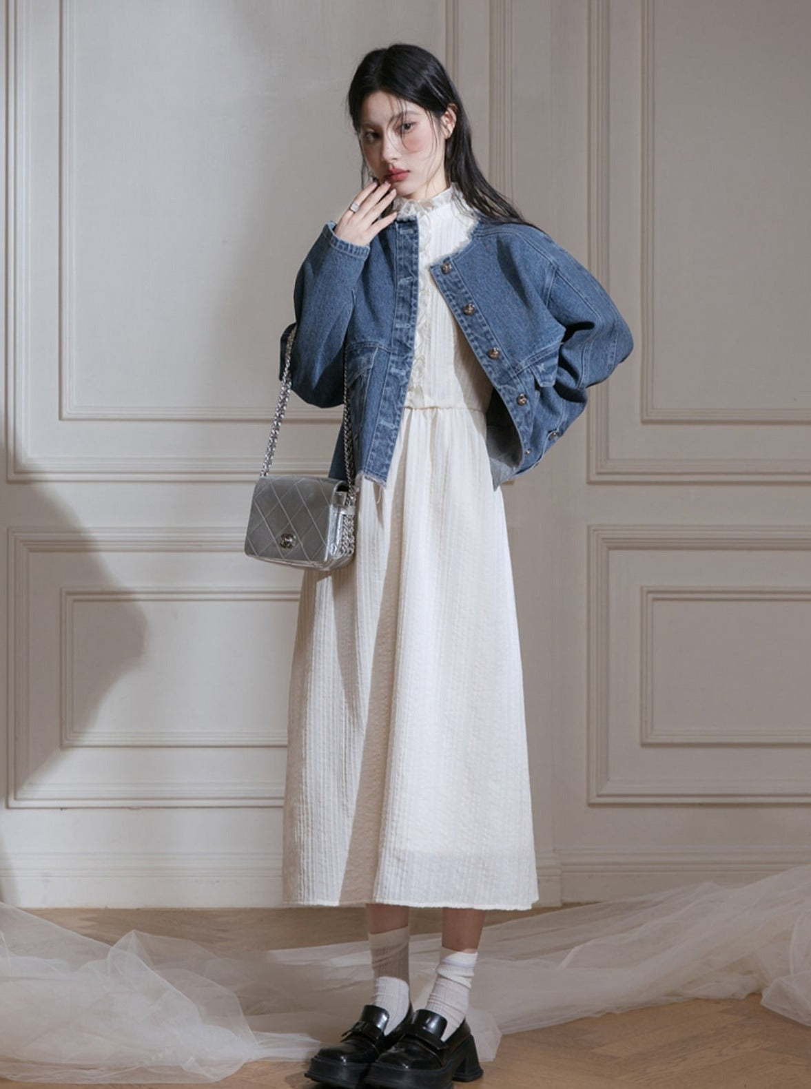 Edged Jacquard Denim Jacket Sundress Set