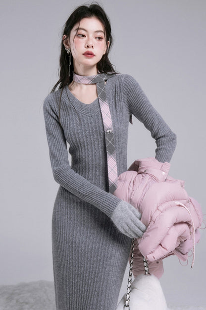 Curve-Shaping Grey Wool Knit Dress