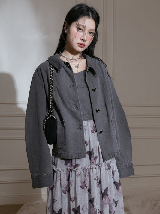 Grey Love Button Denim Coat