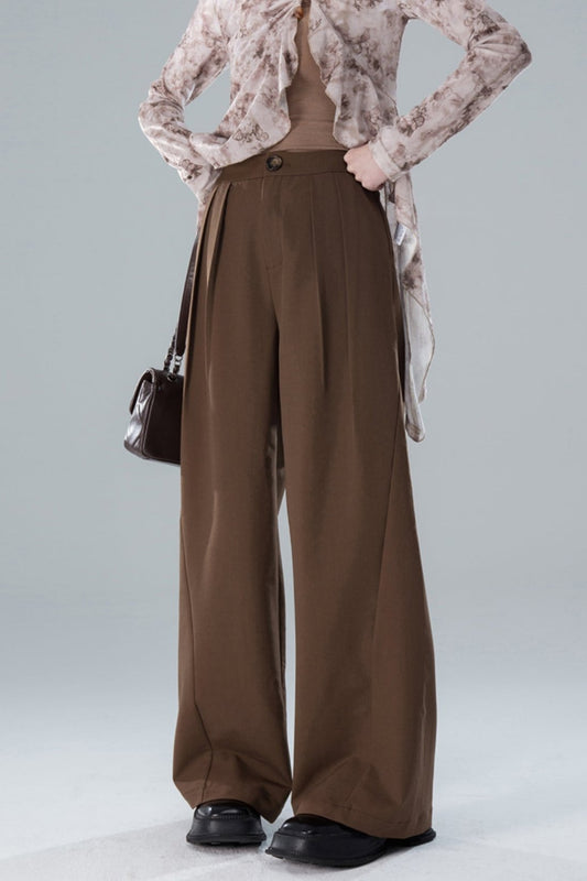 Ruched Brown Wide-Leg Trousers