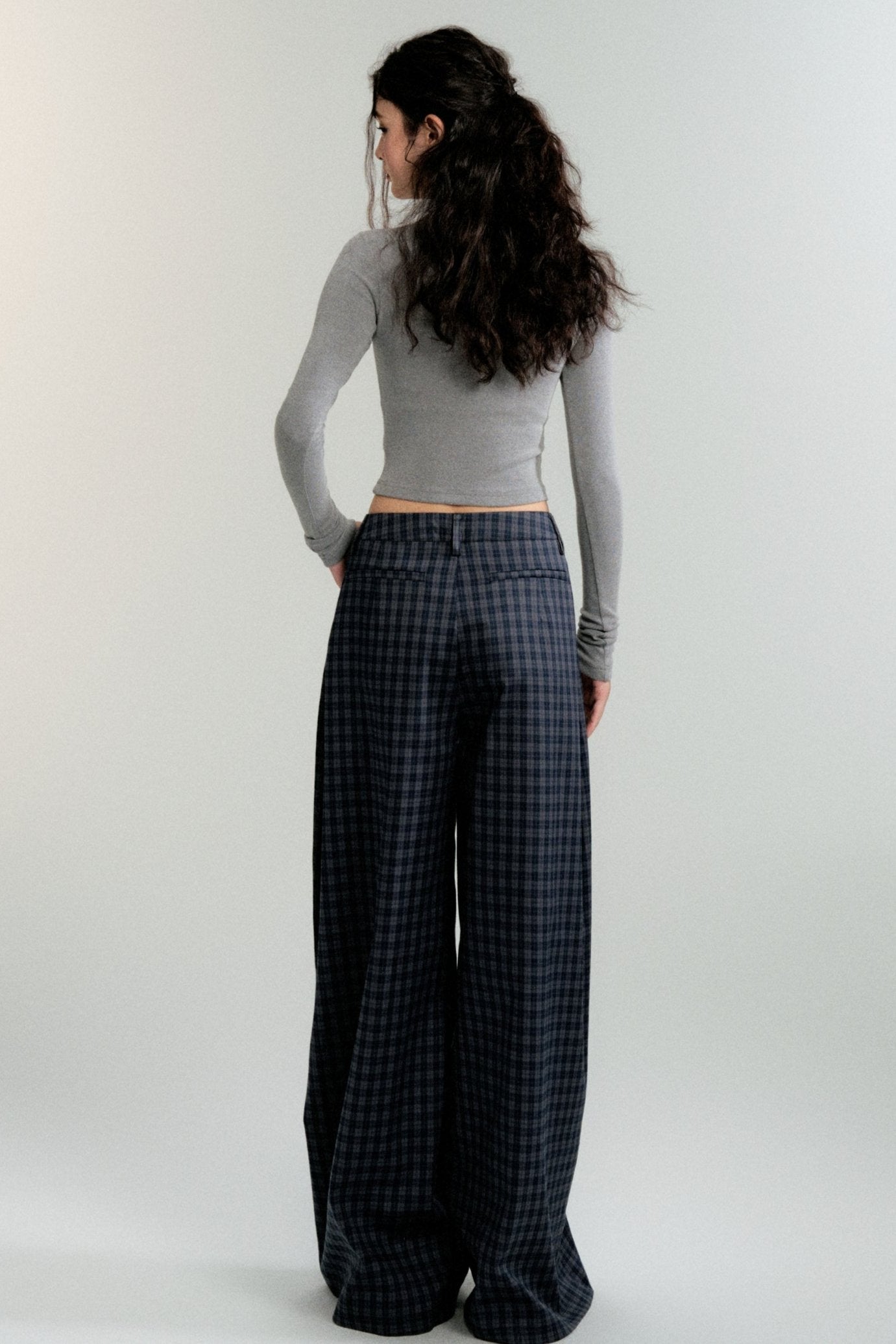 Antique Navy Plaid Wide-Leg Pants