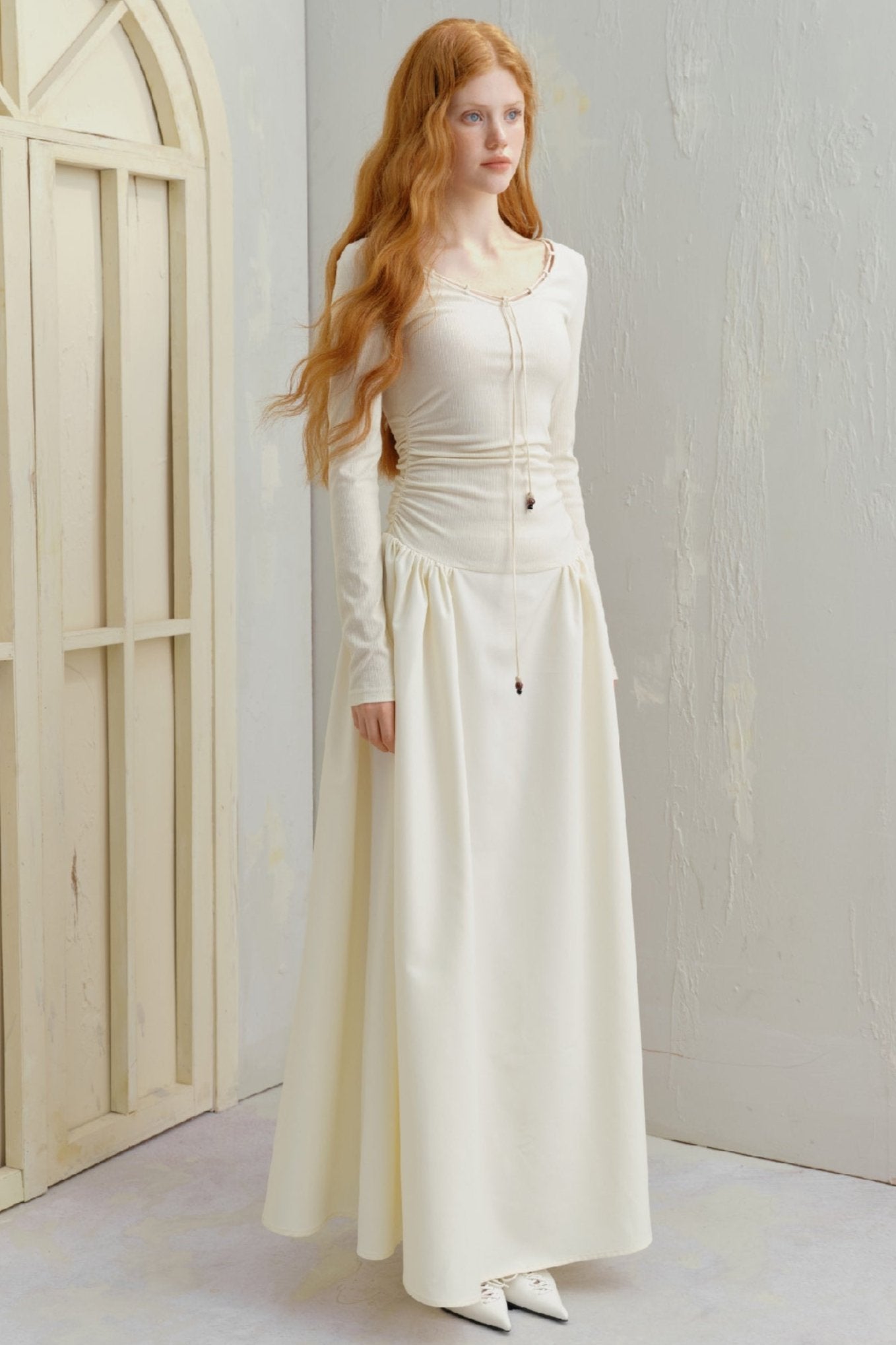 Stitching Shirred Knit Long Dress