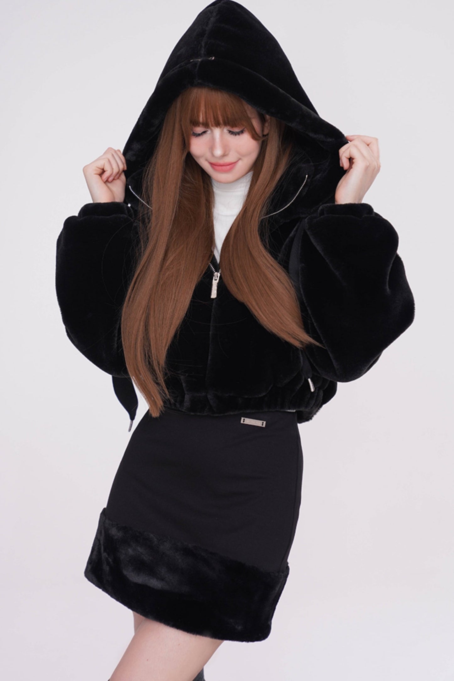 Short Hooded Rabbit Fur Jacket Set-Up