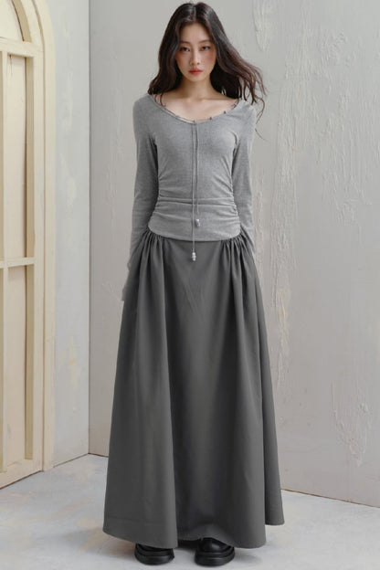 Stitching Shirred Knit Long Dress