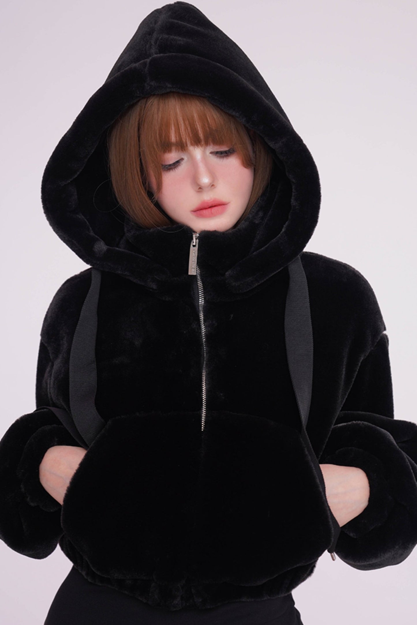 Short Hooded Rabbit Fur Jacket Set-Up