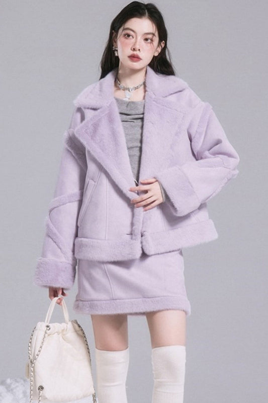 Purple Fur Jacket and Skirt Set-Up