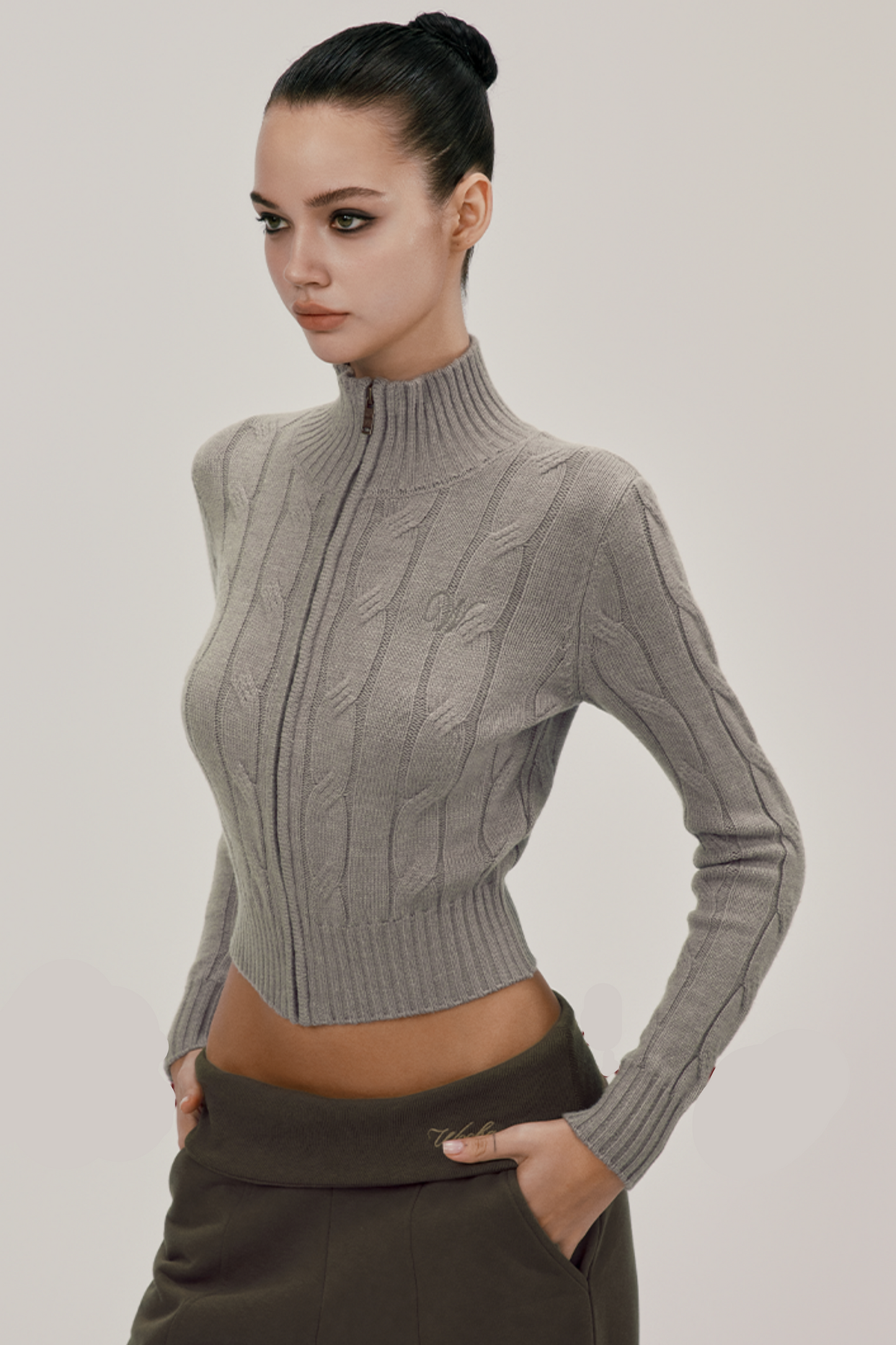 Stand Collar Cable Zip Knit Top