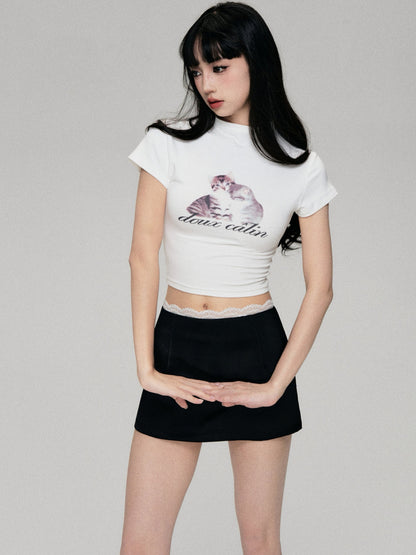 Fun Cat Print Cropped T-Shirt