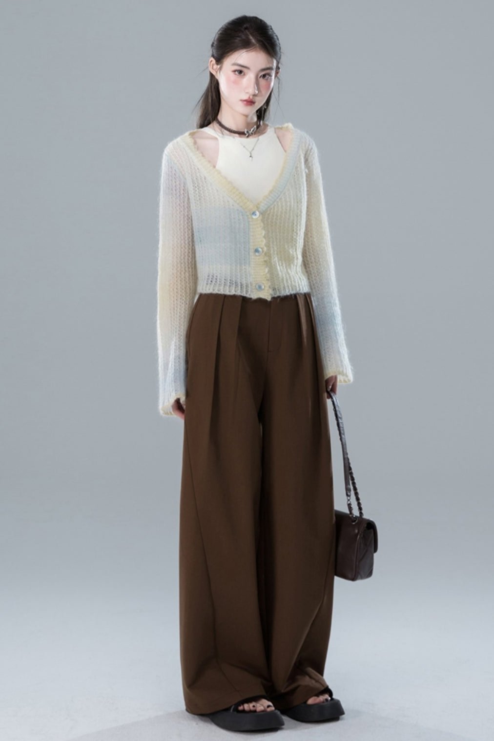 Ruched Brown Wide-Leg Trousers