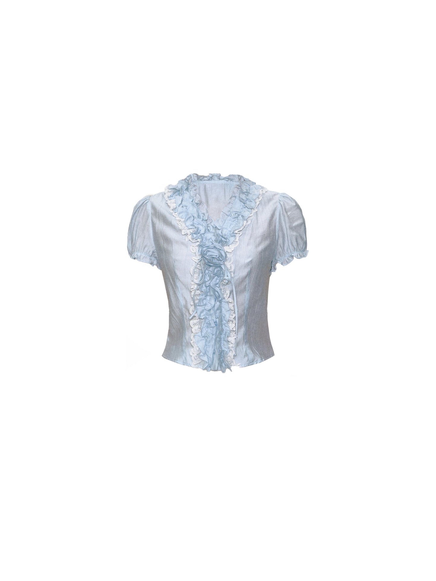 Gray Blue Floral Pleated Blouse