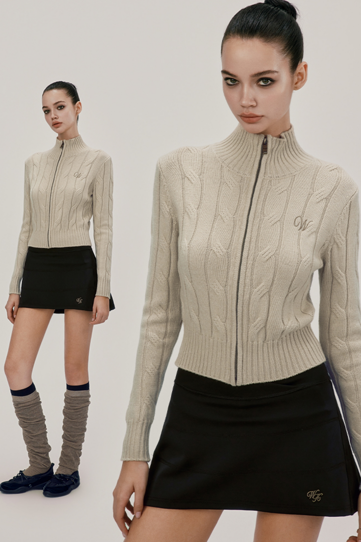 Stand Collar Cable Zip Knit Top