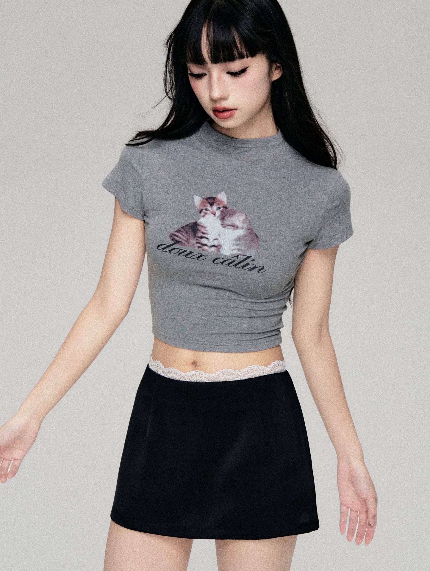 Fun Cat Print Cropped T-Shirt