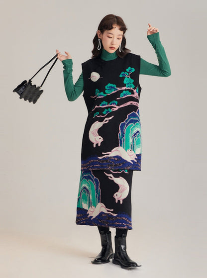 Chinese style retro pattern wool skirt