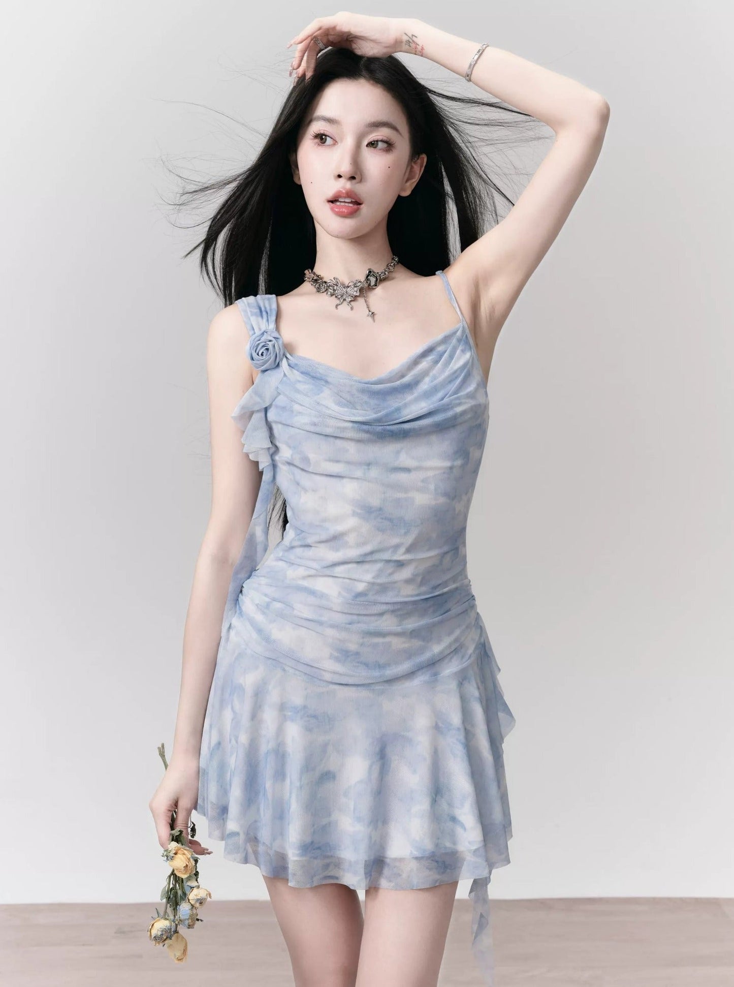 Light Blue Rose Ribbon Slip Dress