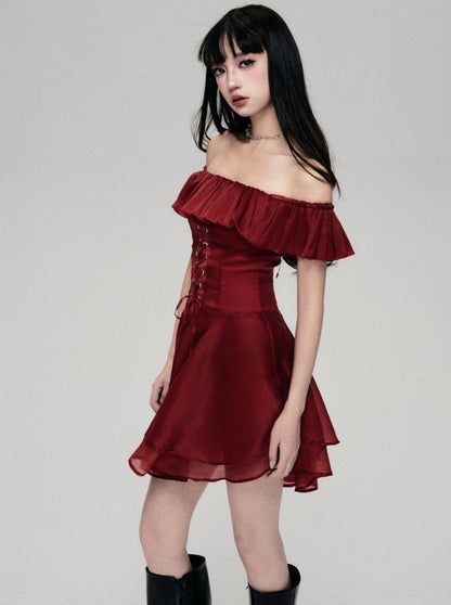 Red Rose Lace-up One-Shoulder Dress