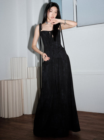 Dark Elegant Hollow Tie Maxi Dress