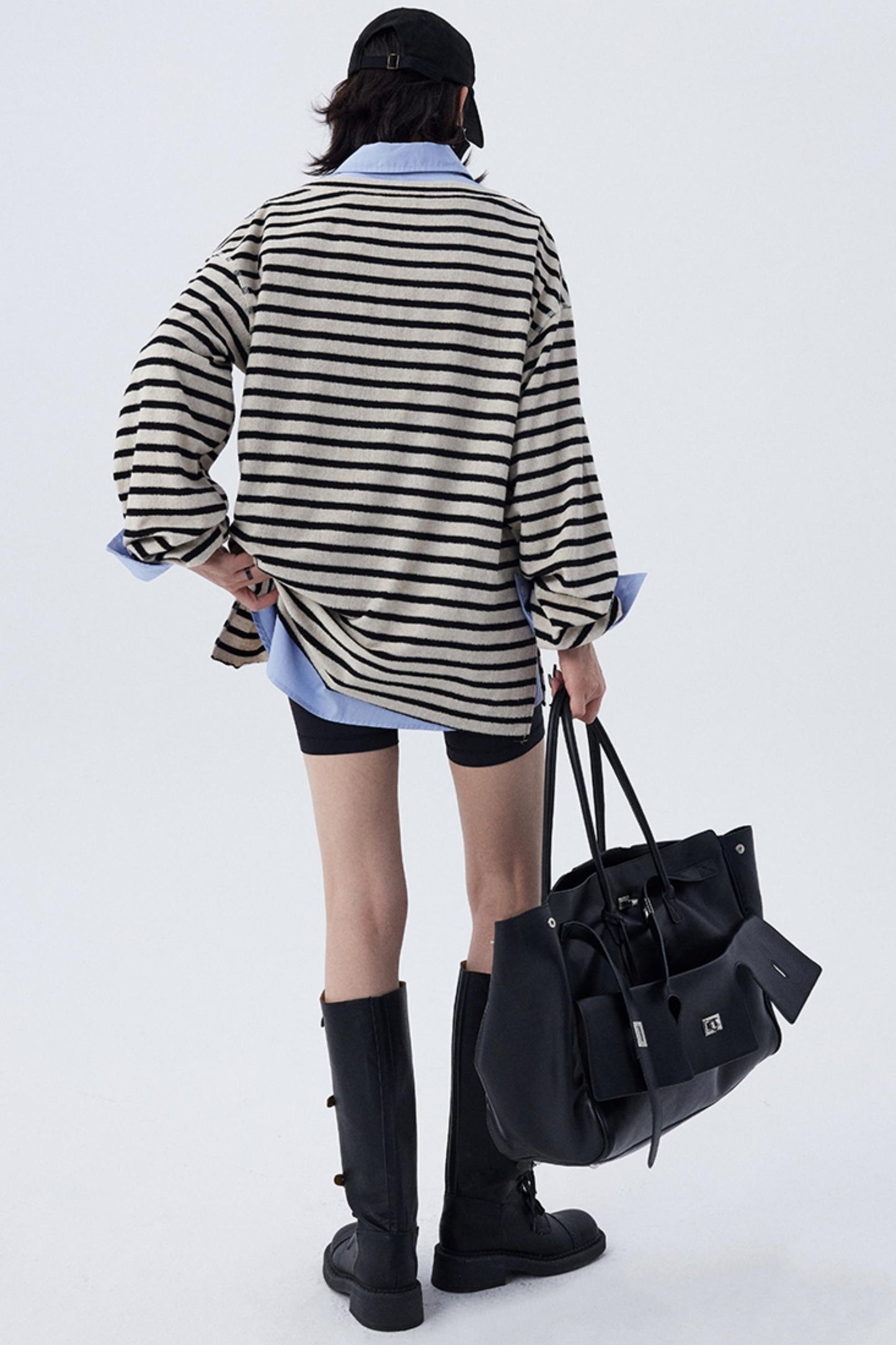 Dropped Shoulder Striped Terry Shirt Set-Up