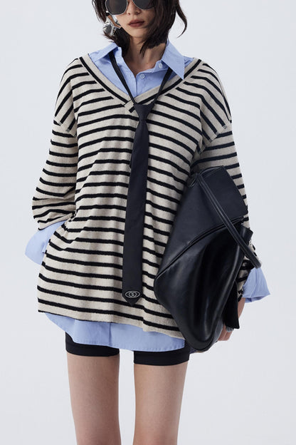 Dropped Shoulder Striped Terry Shirt Set-Up