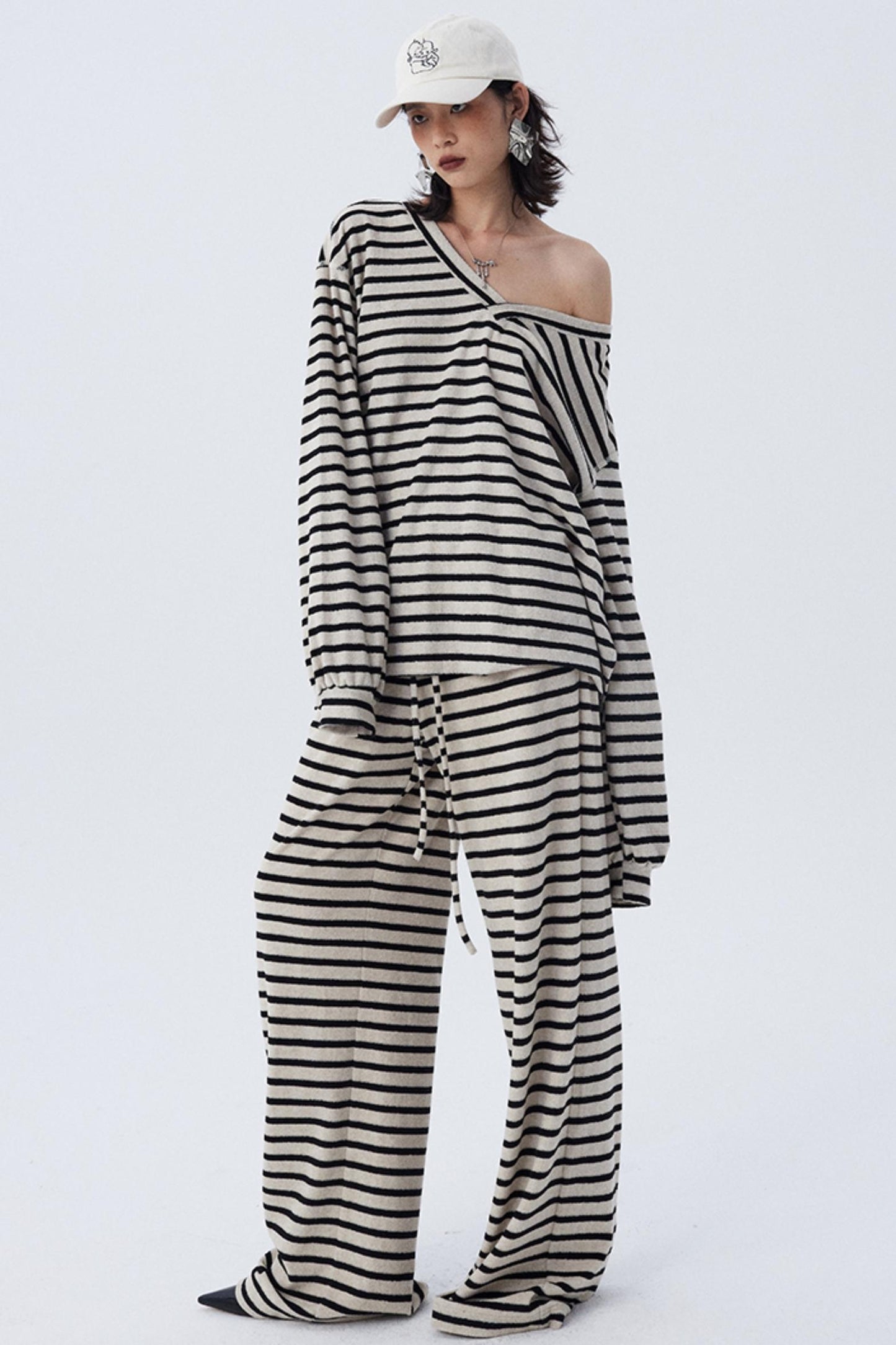 Dropped Shoulder Striped Terry Shirt Set-Up