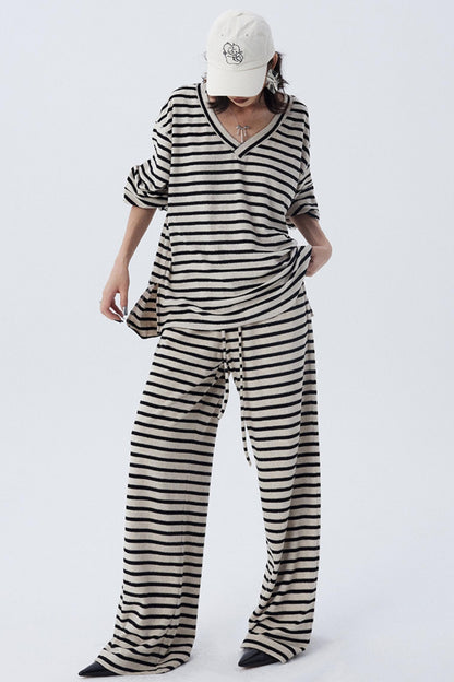 Dropped Shoulder Striped Terry Shirt Set-Up