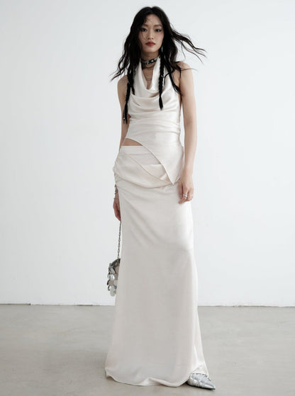 White Two-Piece Draped Vest Maxi Dress Set