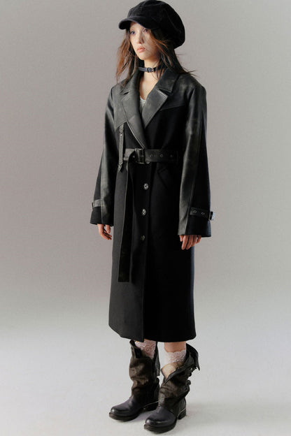 Loose Fit Leather Patchwork Coat